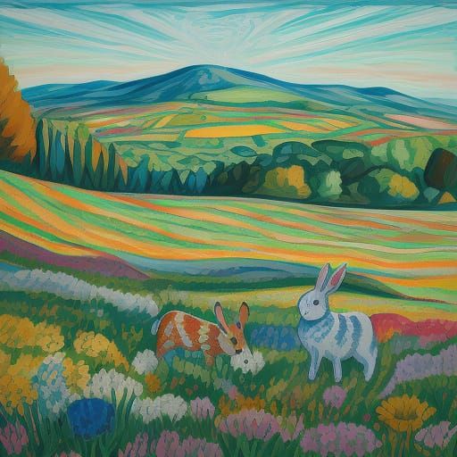 Surreal Gingham Landscape in Vibrant Fauvist Style