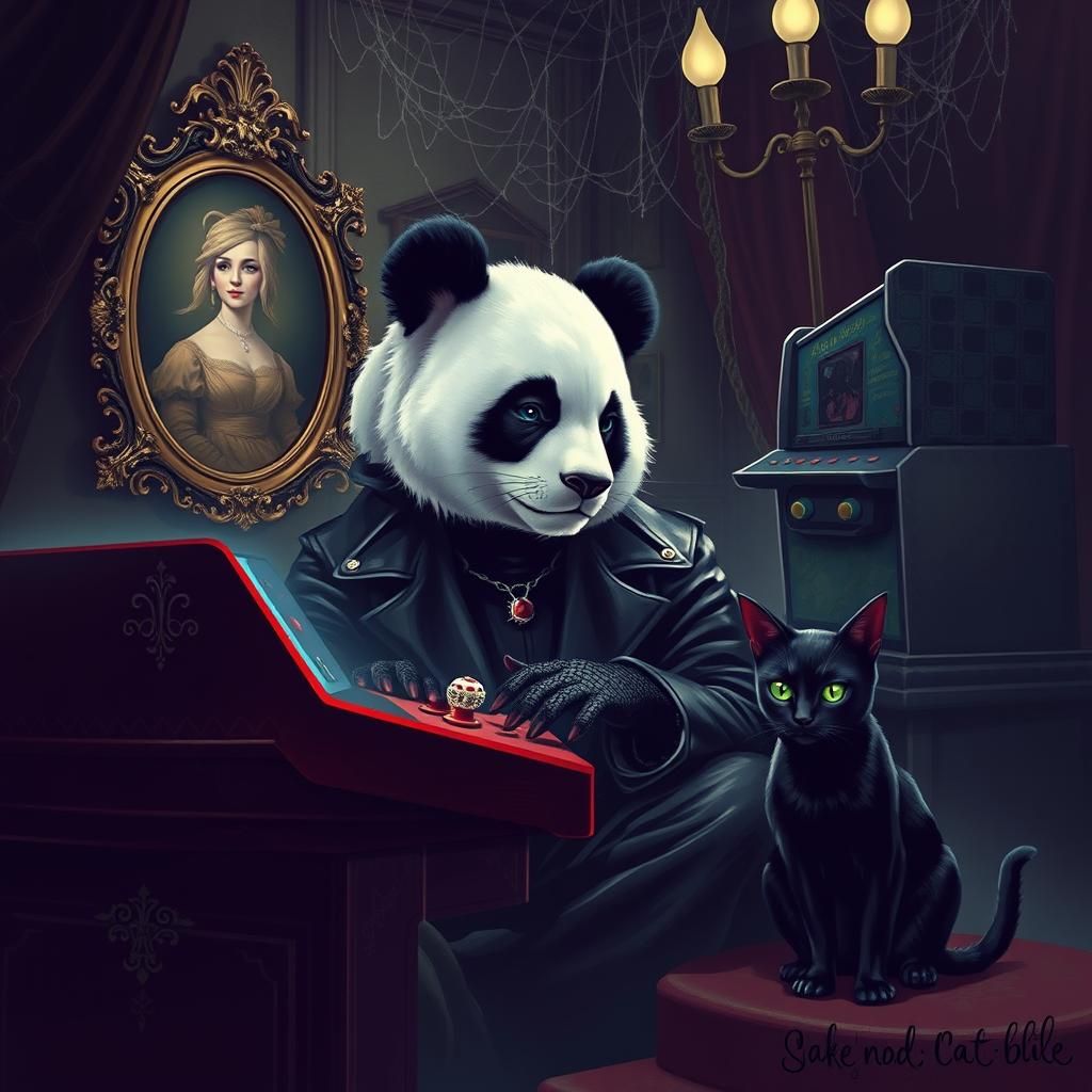 Gothic Panda Plays Arcade Game in Victorian Parlor