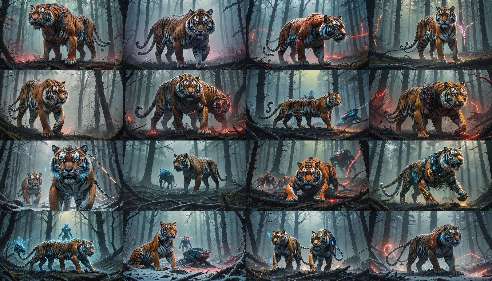 Cybernetic Siberian Tiger Victory in Misty Forest