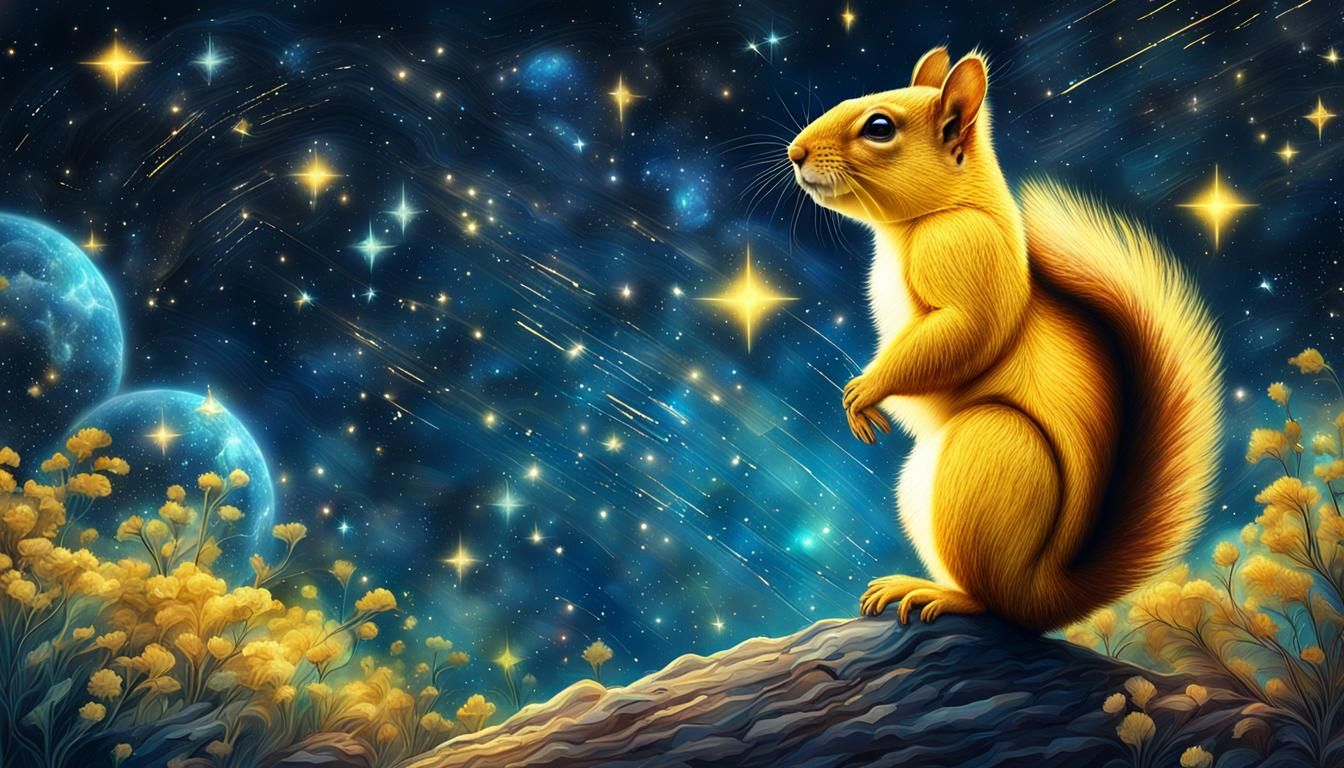 Squirrel Gazing at Night Stars: Astral Illustration
