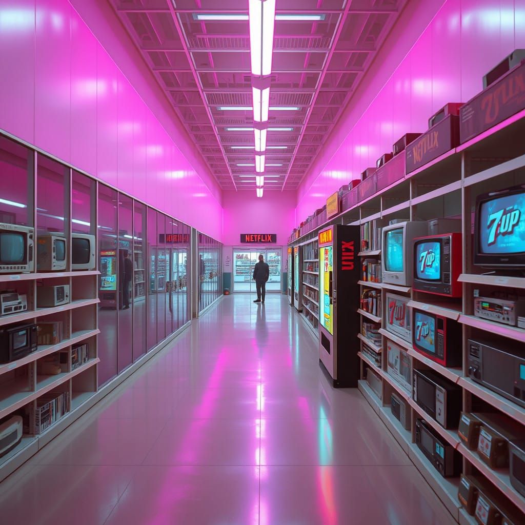 Retro-Futuristic VHS Vending Machine in Abandoned Video Stor...