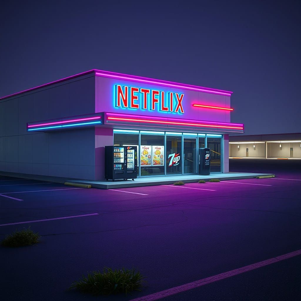 Retro-Futuristic Netflix Video Rental Store at Dusk