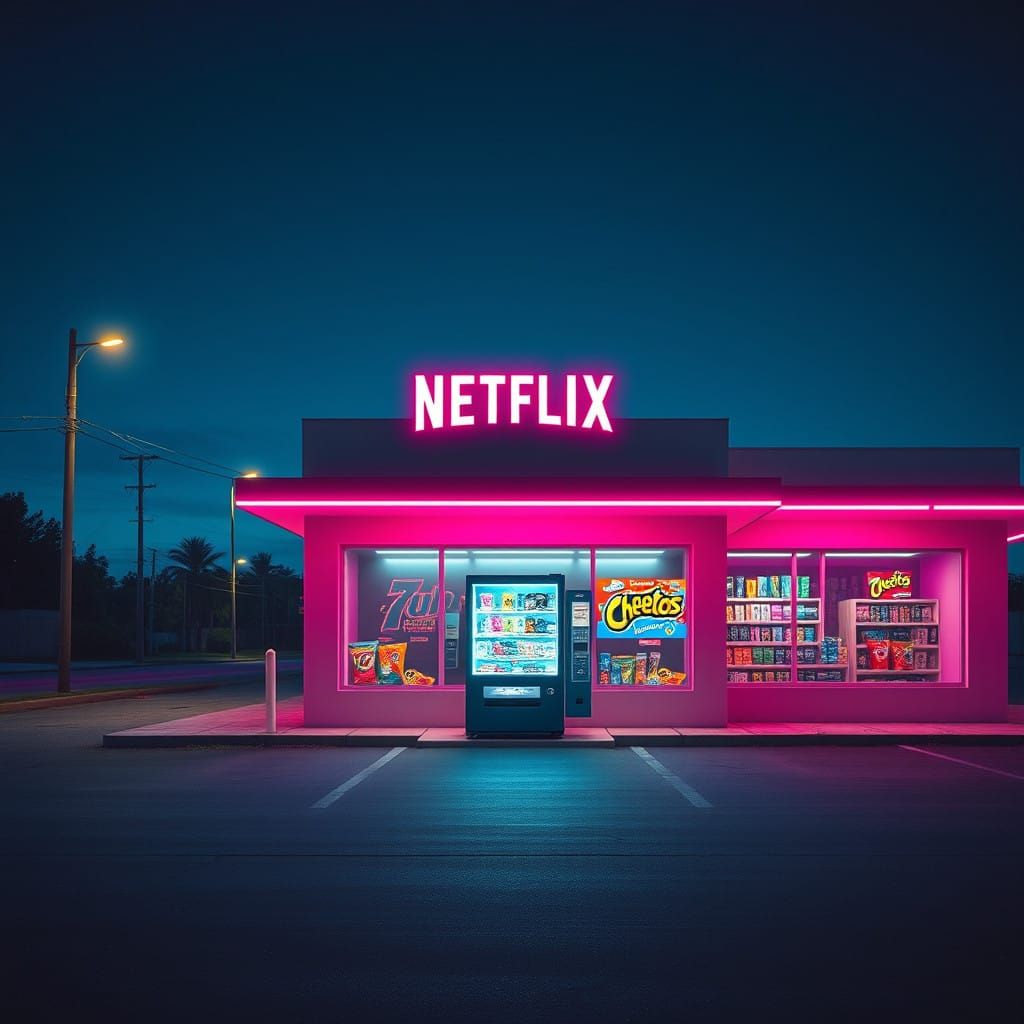 Retro-Futuristic Netflix Video Rental Store at Night