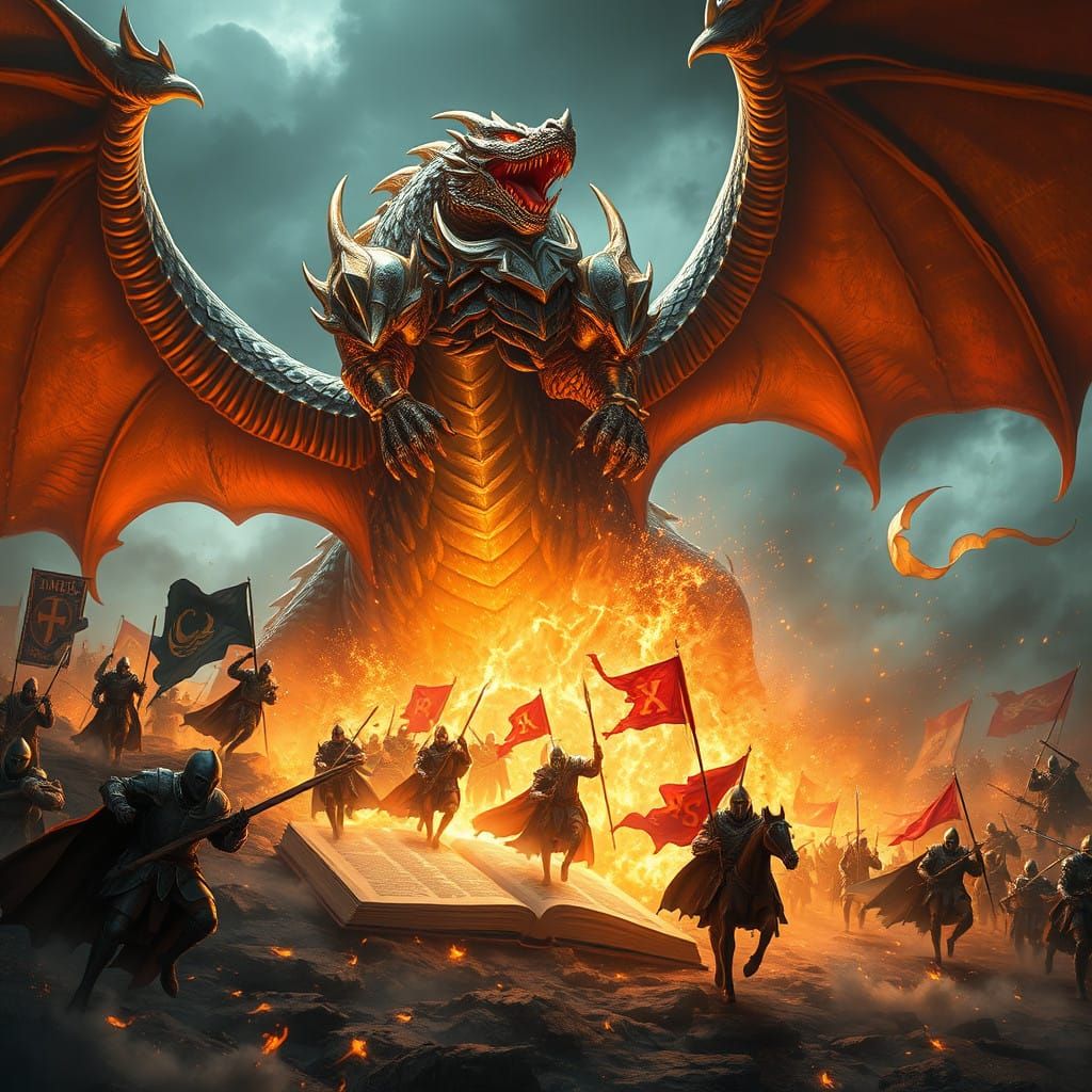 Epic Fantasy Dragon Battles Knights in a Blazing, Hyper-Real...