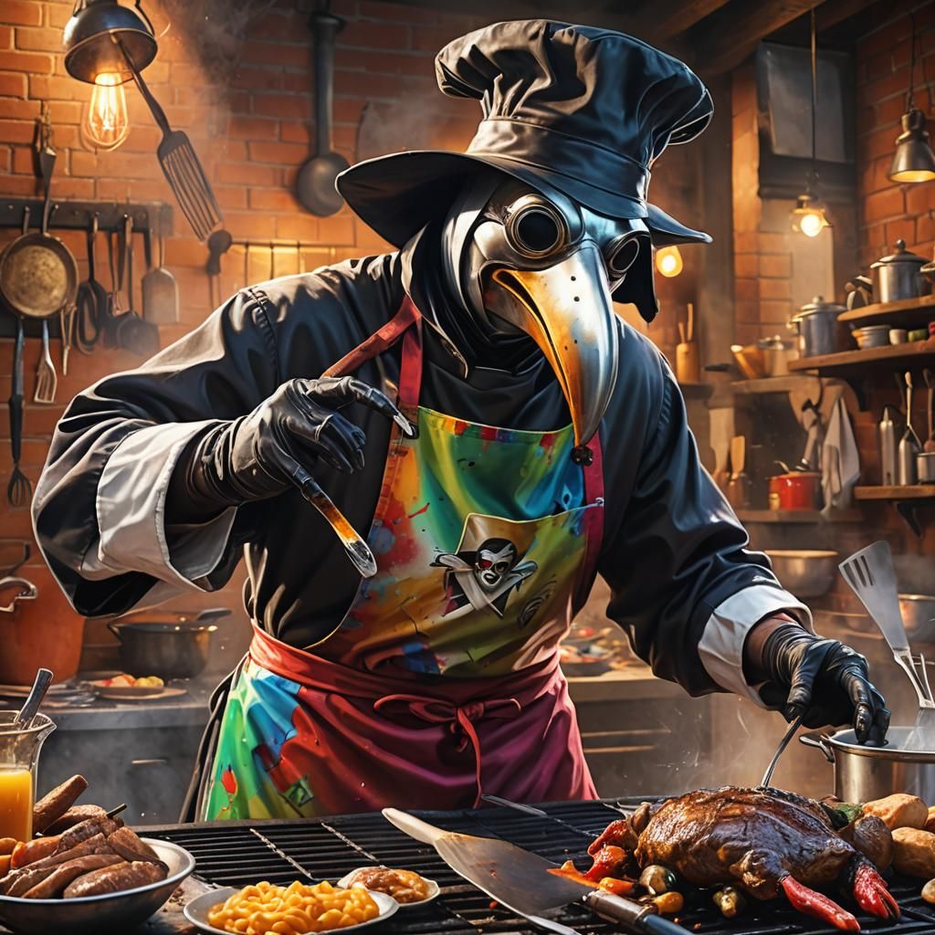 Plague Doctor BBQ in Hyperrealistic Splash Art