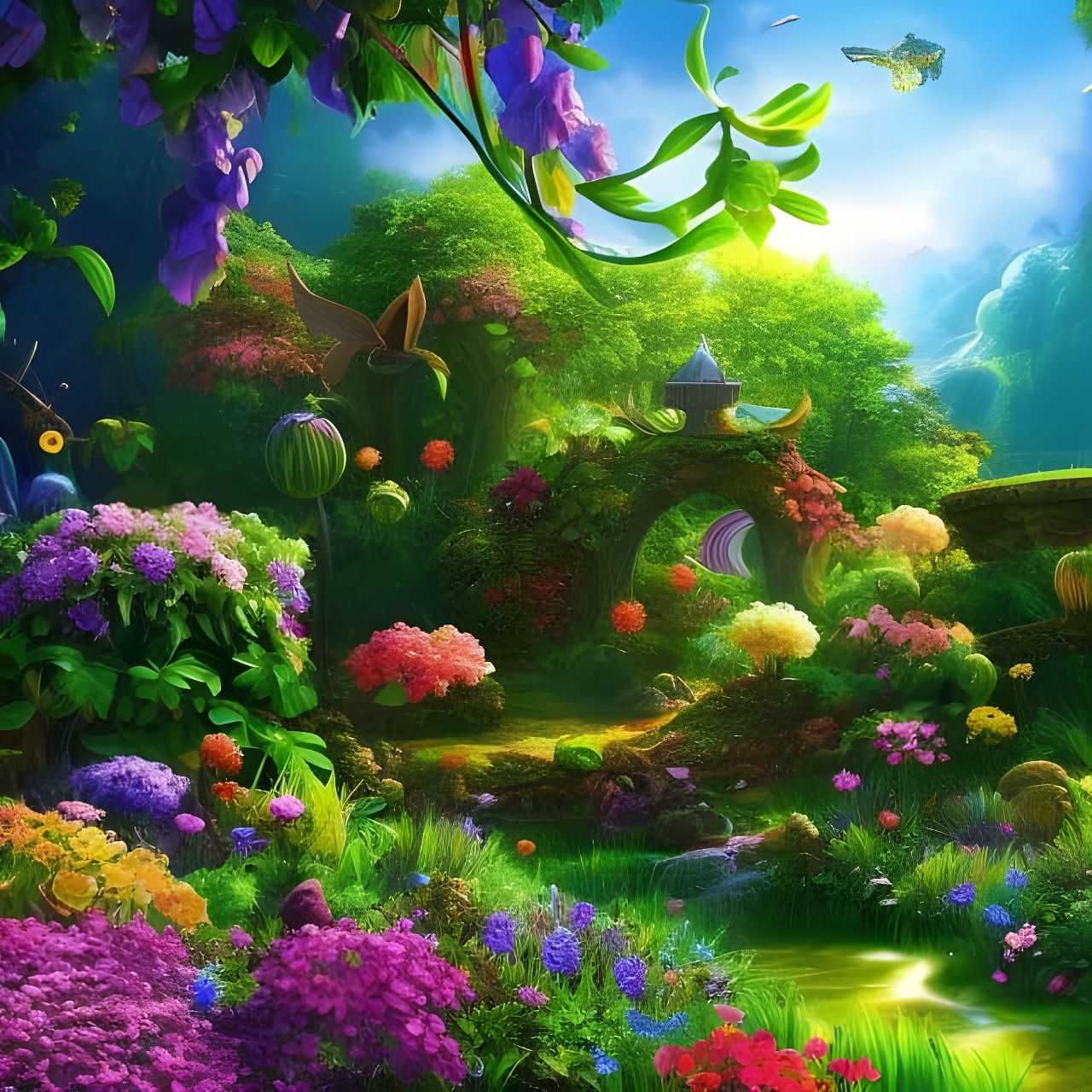 Fantasy fairy flower garden π±πΏβοΈπ Hyperrealistic, splash art, concept art, mid shot, intricately detailed, color dept...