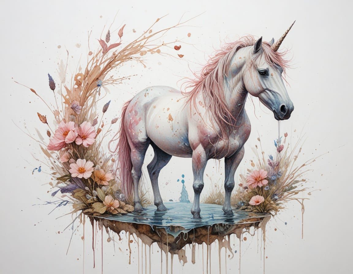 Magical Unicorn in Fairytale Forest Stream