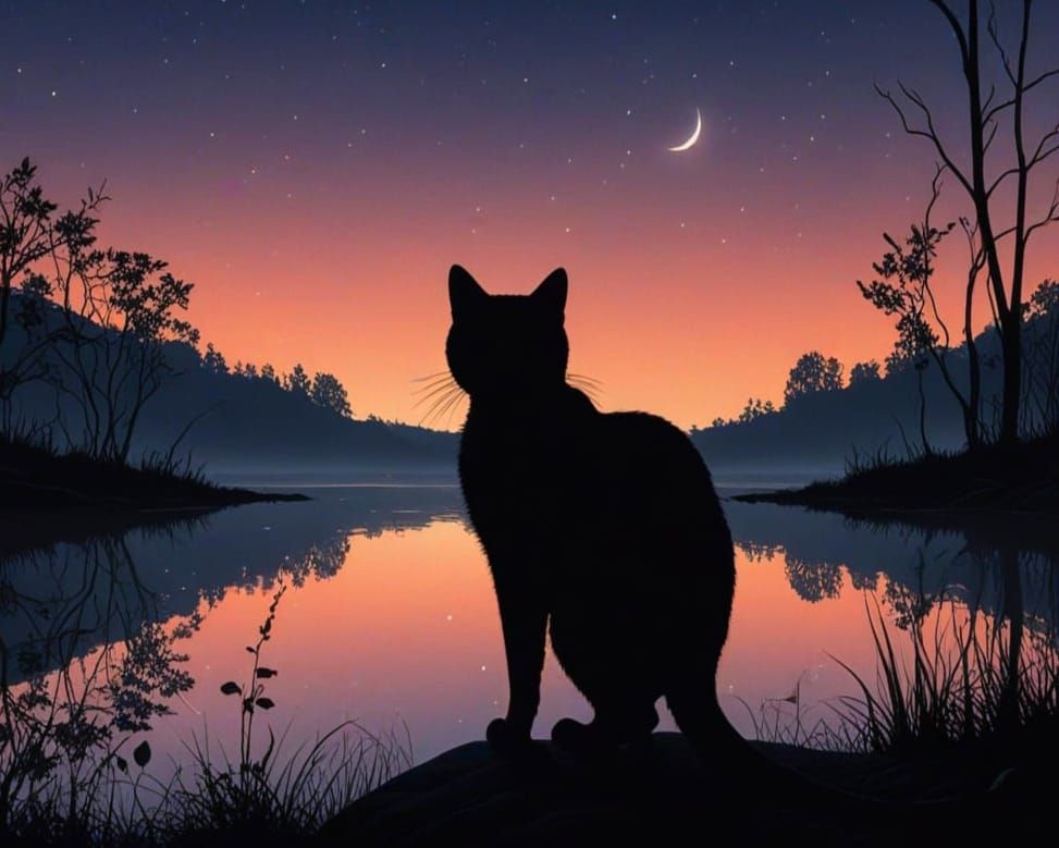 Whimsical Black Cat Silhouette in Midnight Sky