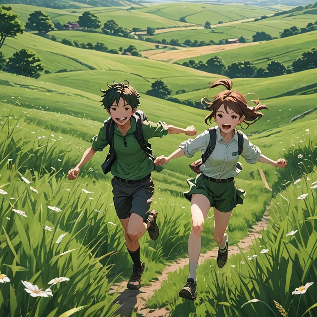 Joyful Anime Children Running Through Green Fields