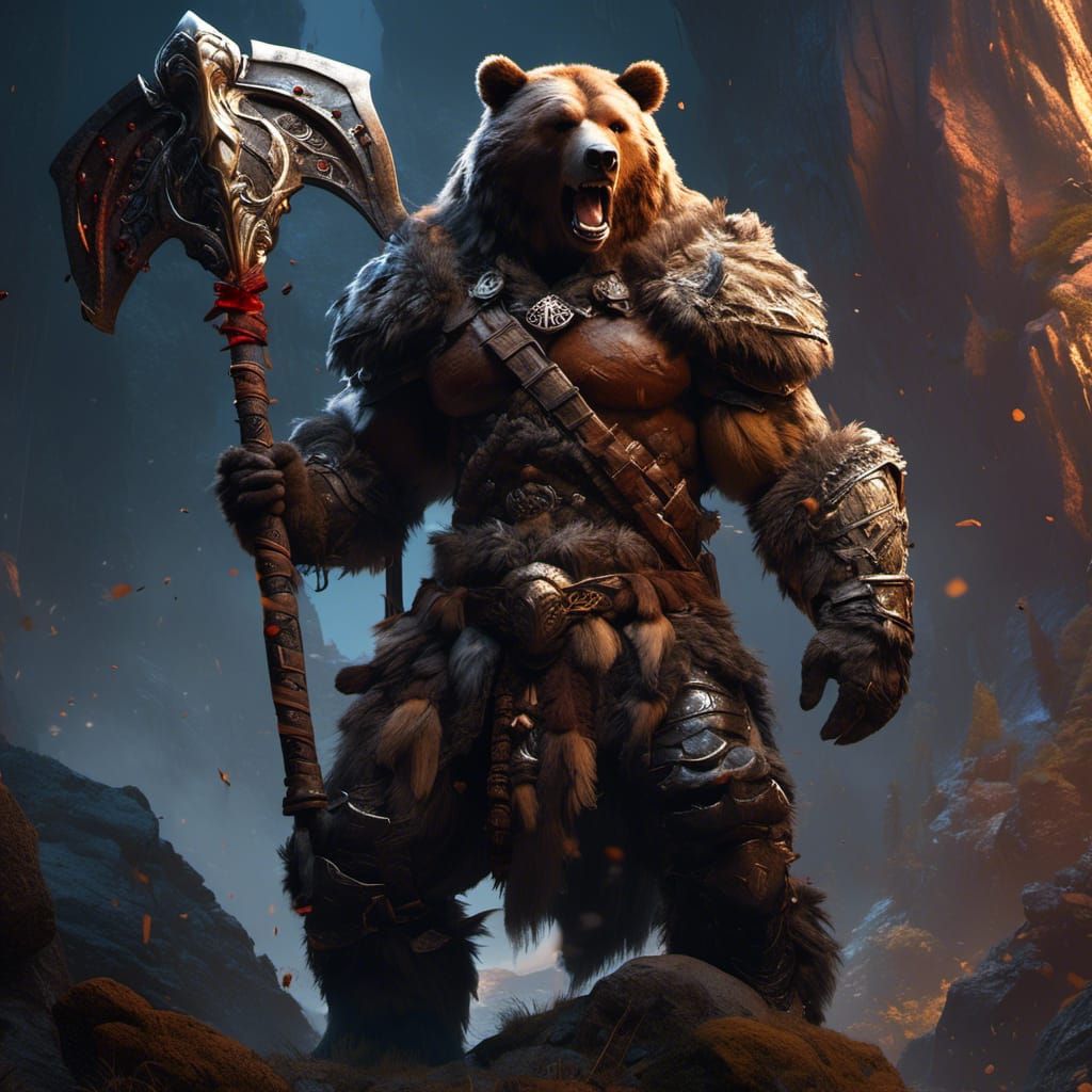 Fierce Bear Barbarian with Great Axe, Digital Art