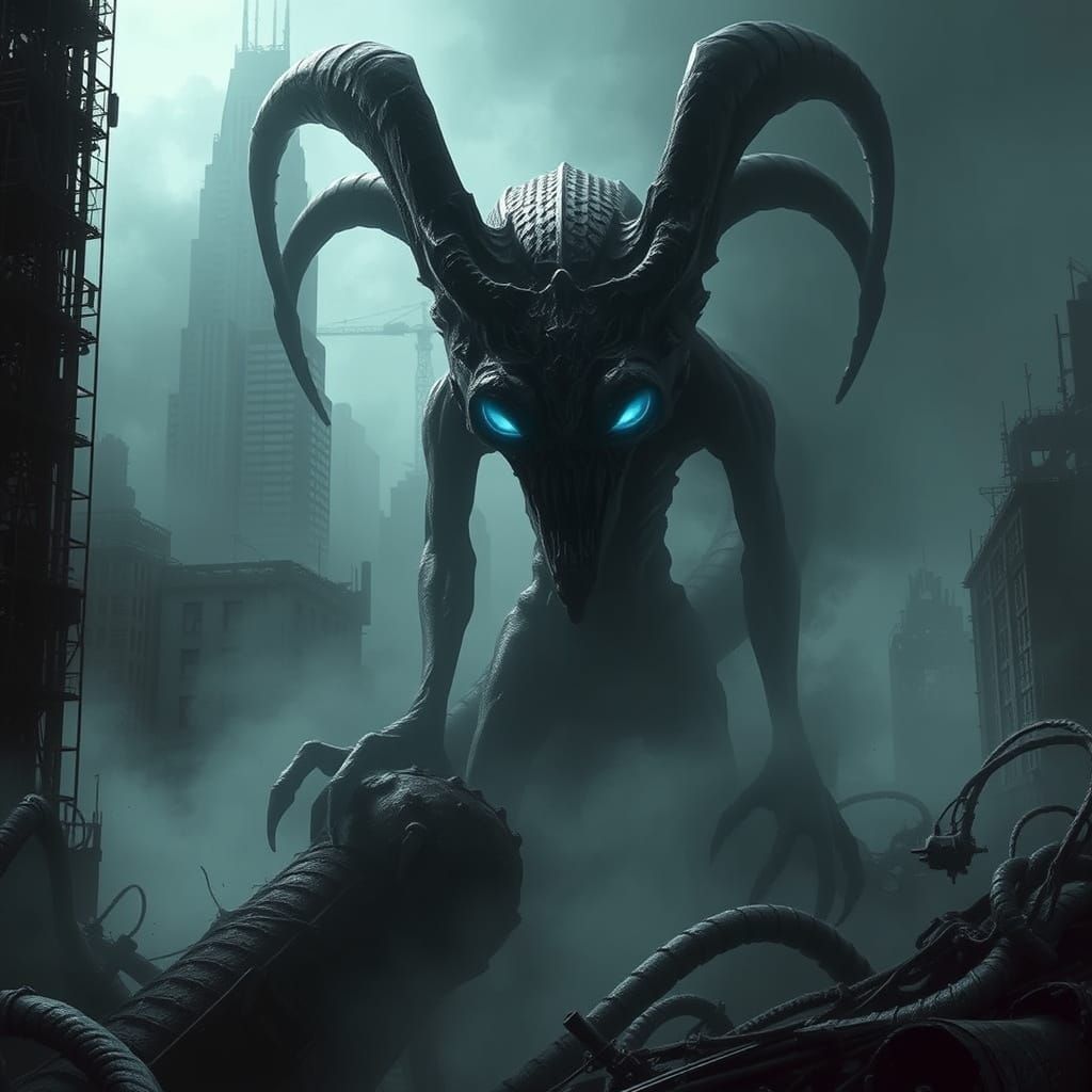 Dark, Ethereal Creature Awakens in Futuristic Ruins