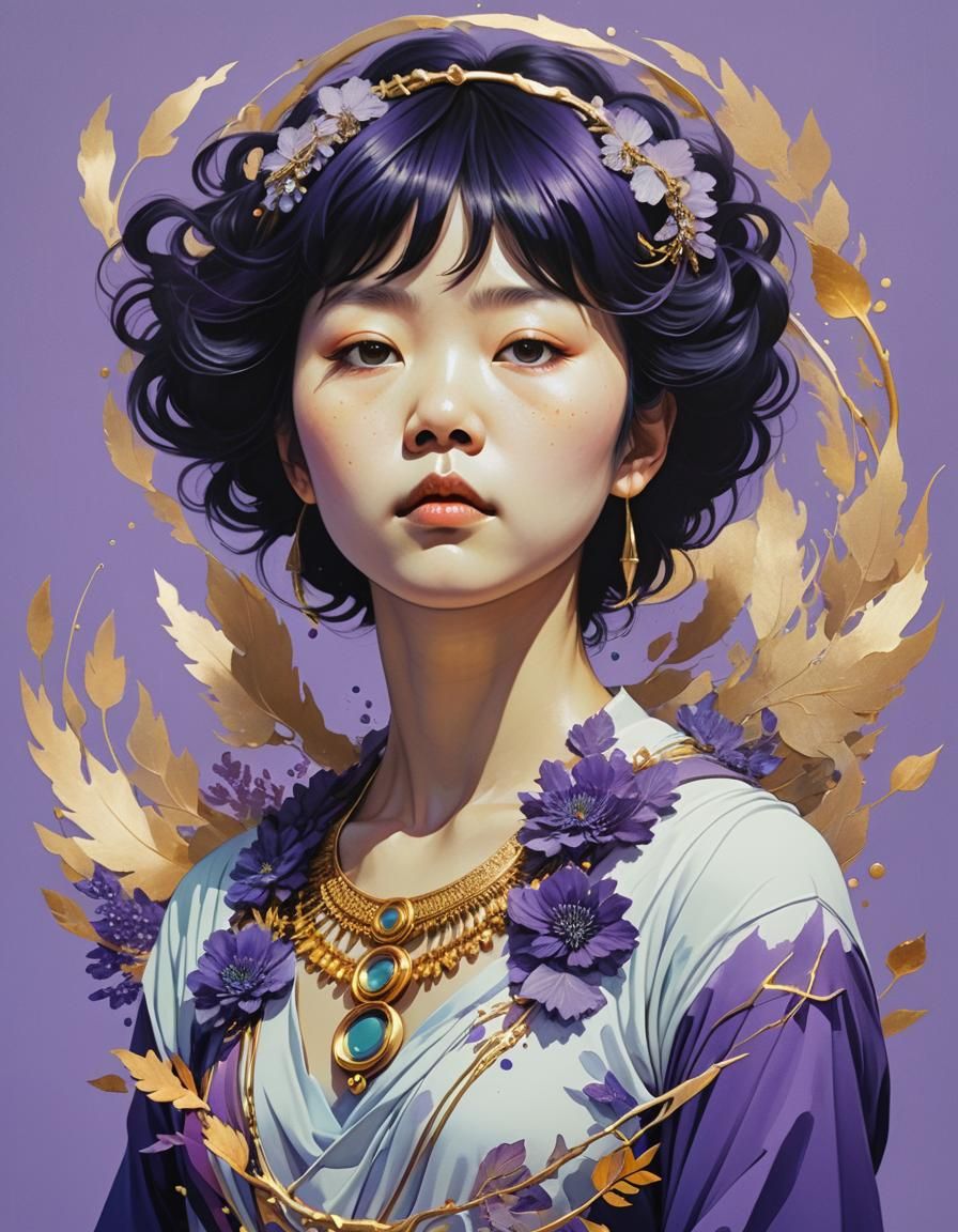 Priestess Portrait with Violet Wreath in Hyperrealistic Styl...