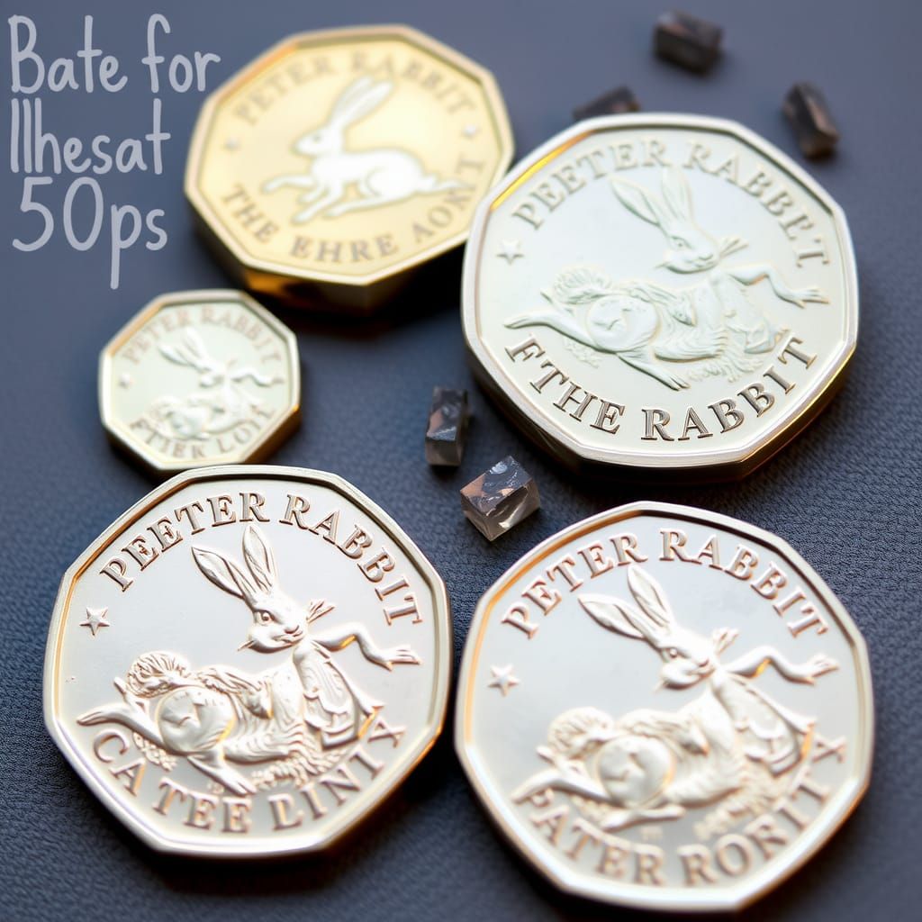 Set of Peter Rabbit 50p coins showing the reverse side of th...