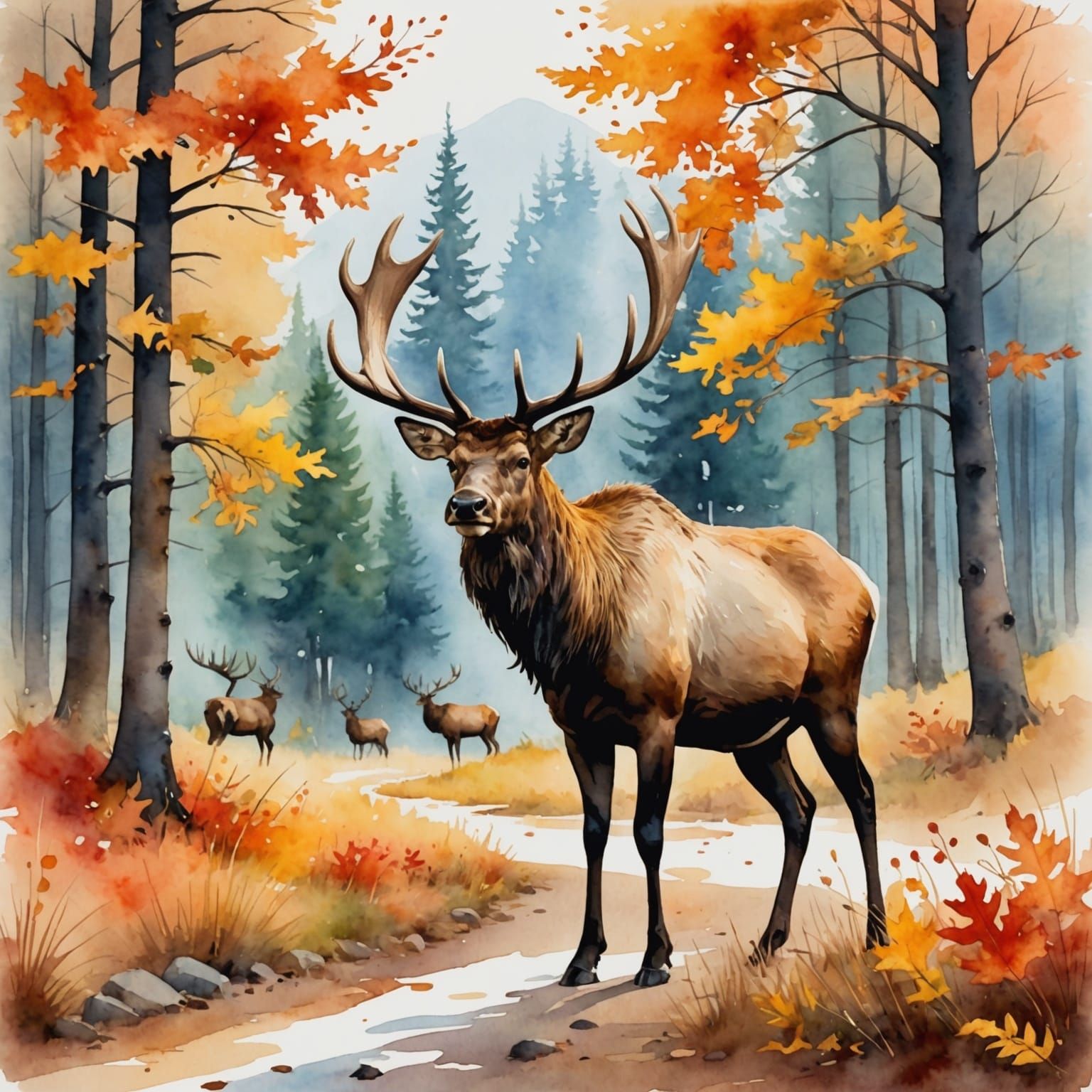 Elk Walking Through Fall in Watercolor Style