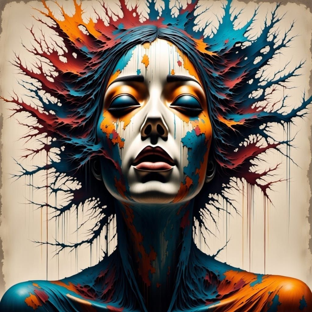 Surreal Portrait of a Woman's Face on a Wooden Mask