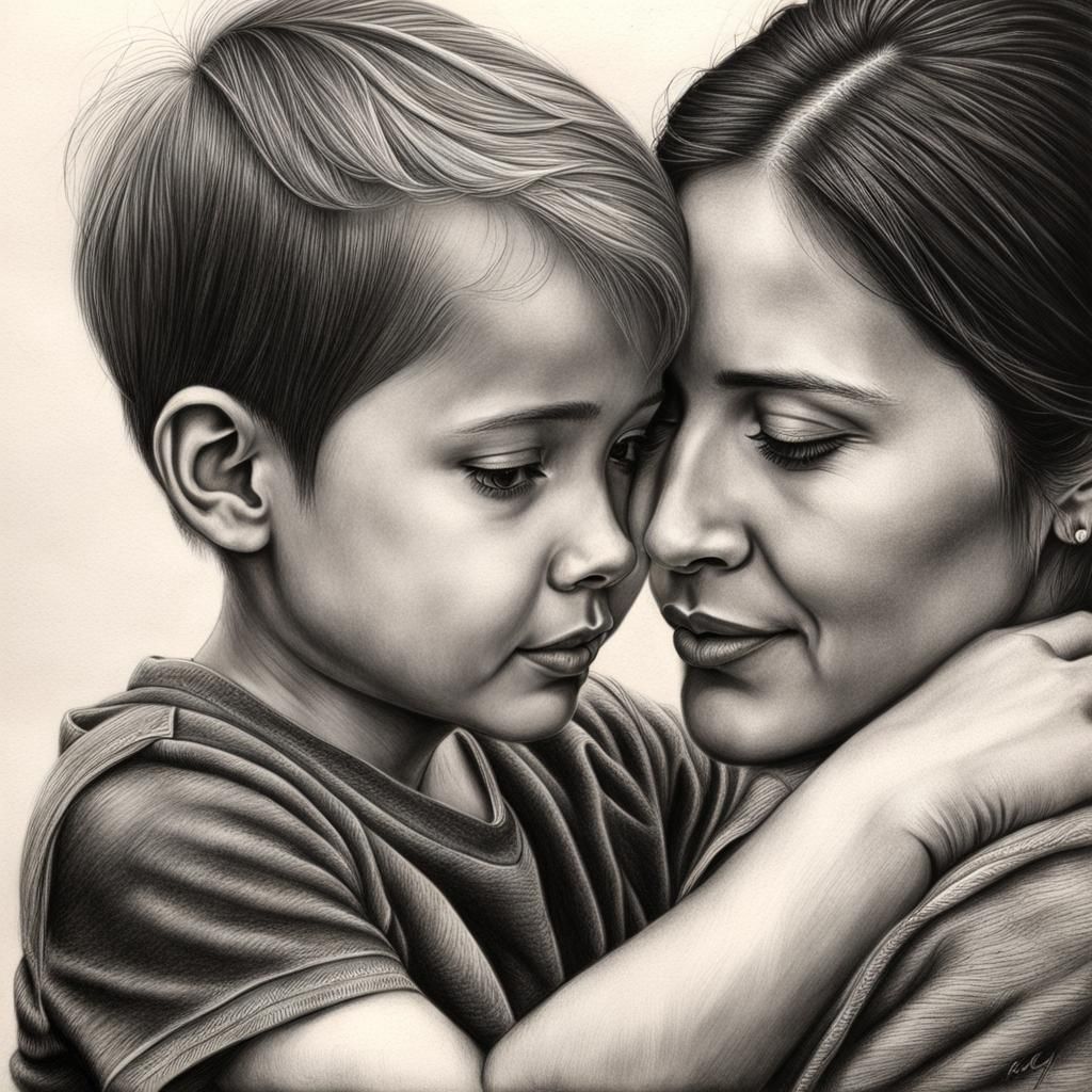 Detailed Charcoal Drawing of Mother and Son