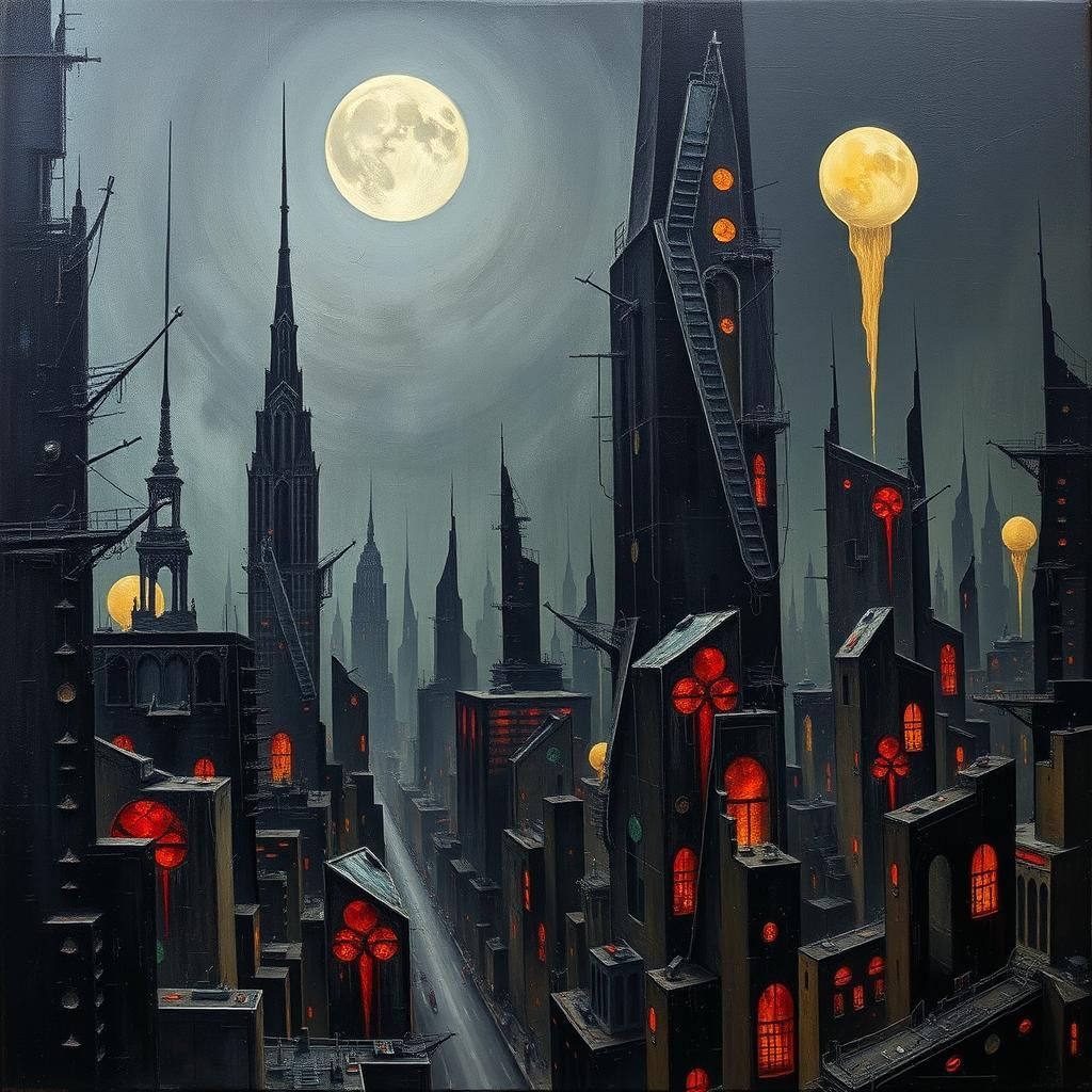 Dystopian Cityscape with Surreal Impasto Background