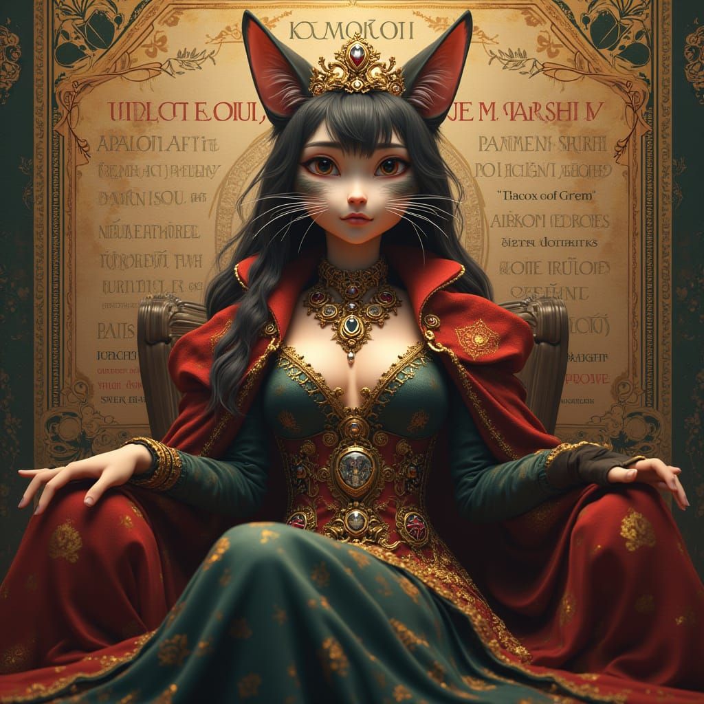 Medieval Cat Queen in Opulent Anime-Inspired Splendor