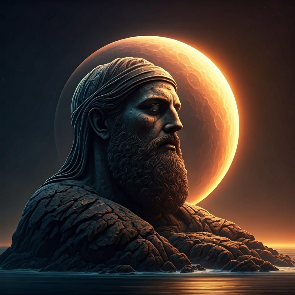 Ancient Statue Under Golden Moonlight