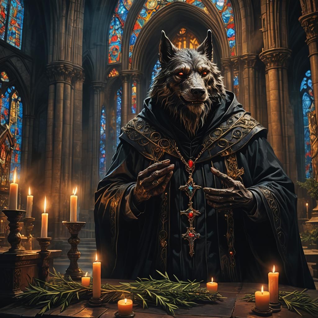 Lycanthrope Priest Praying in Dark Cathedral