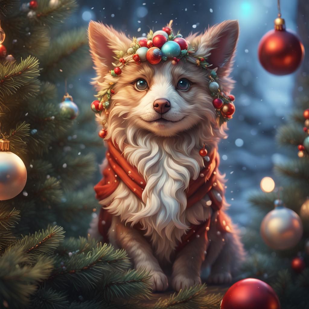 Festive Animals Around Christmas Tree in Snow