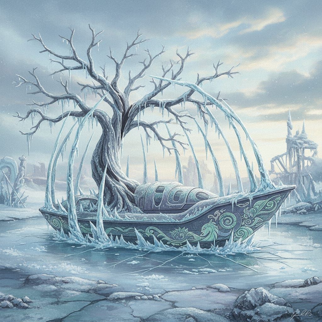 Frosty Garden Fantasy Art with Blooming Tree