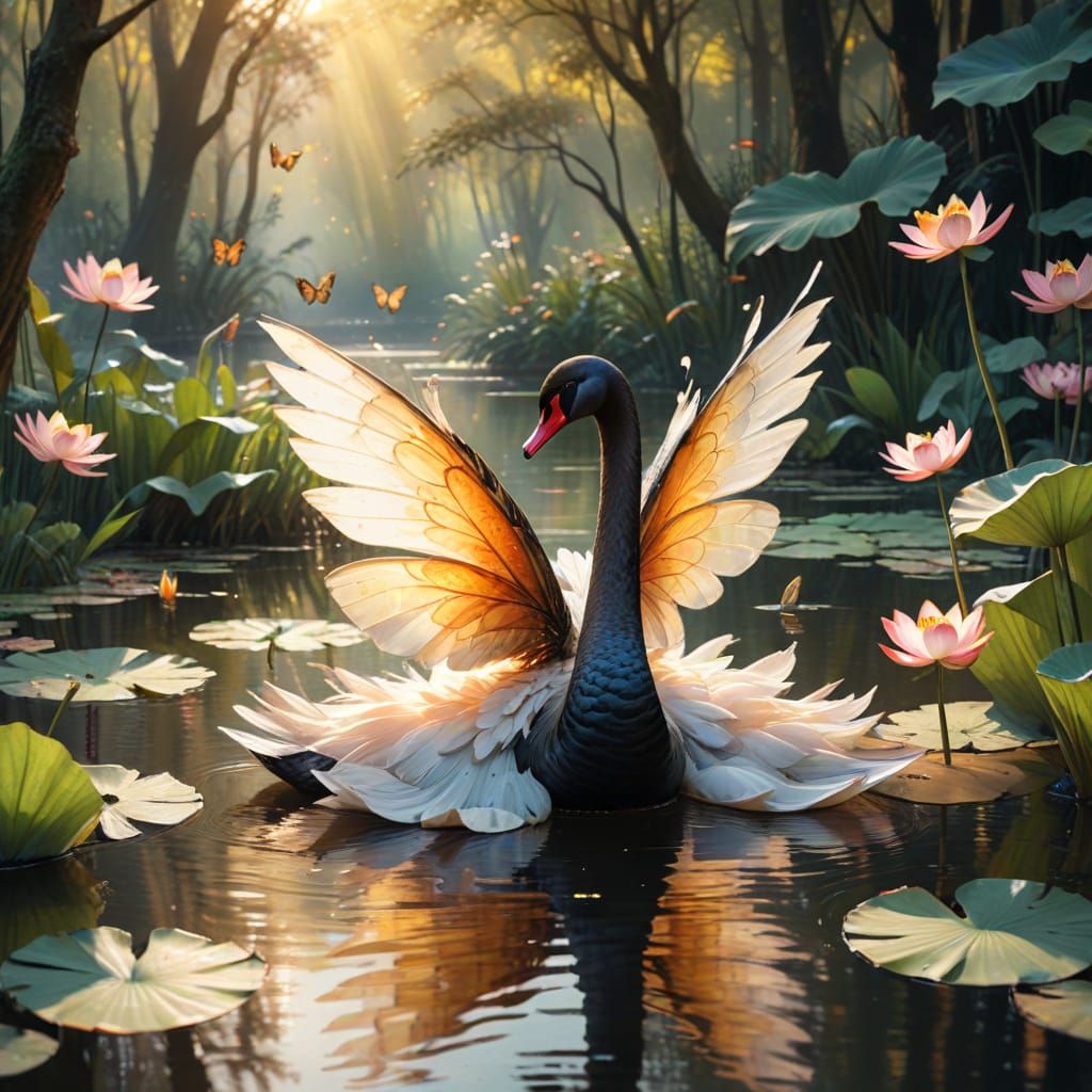 Black Swan in Lotus Pond: Watercolor Fantasy Art