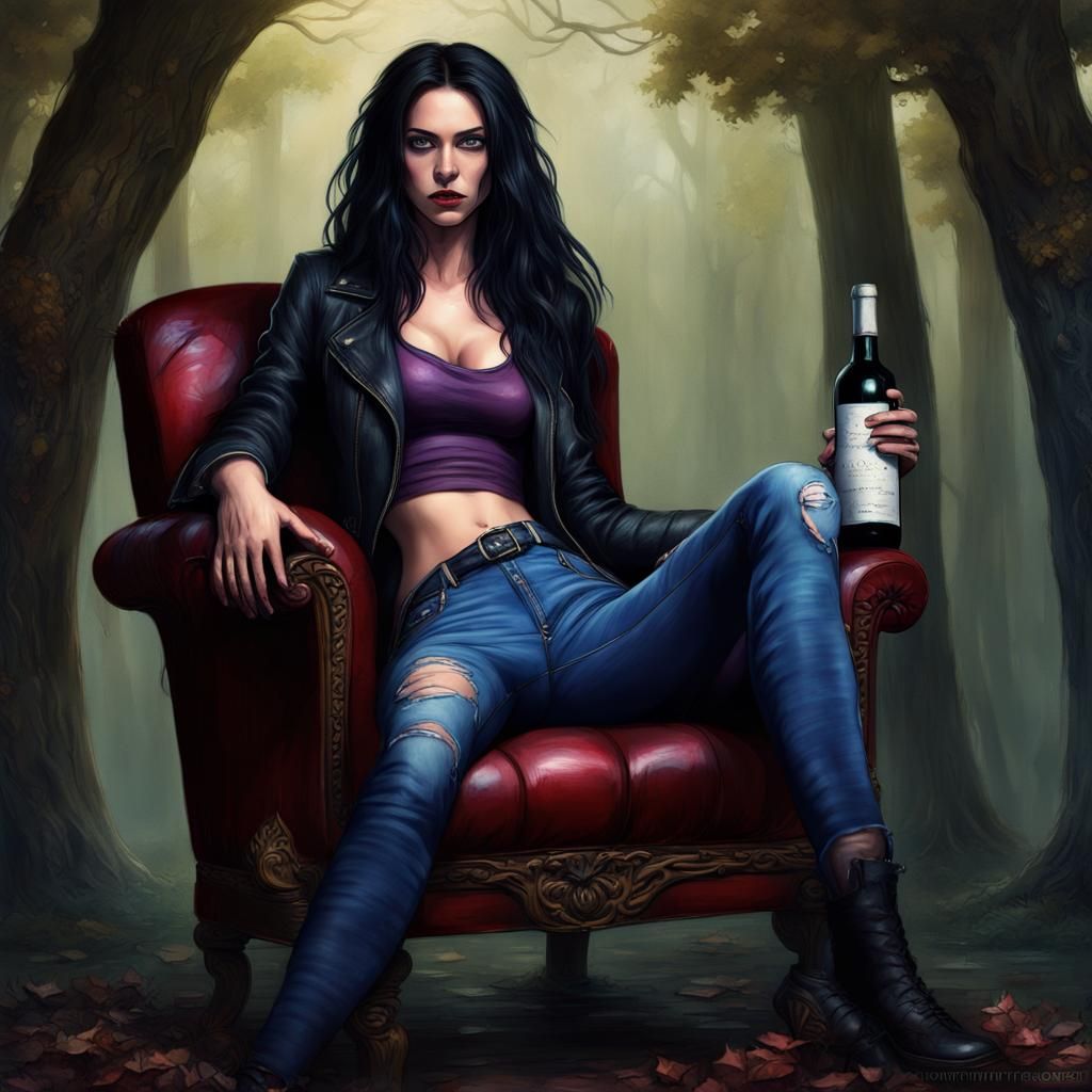 Purple Haired Woman with Wine Bottle in Fantasy Art