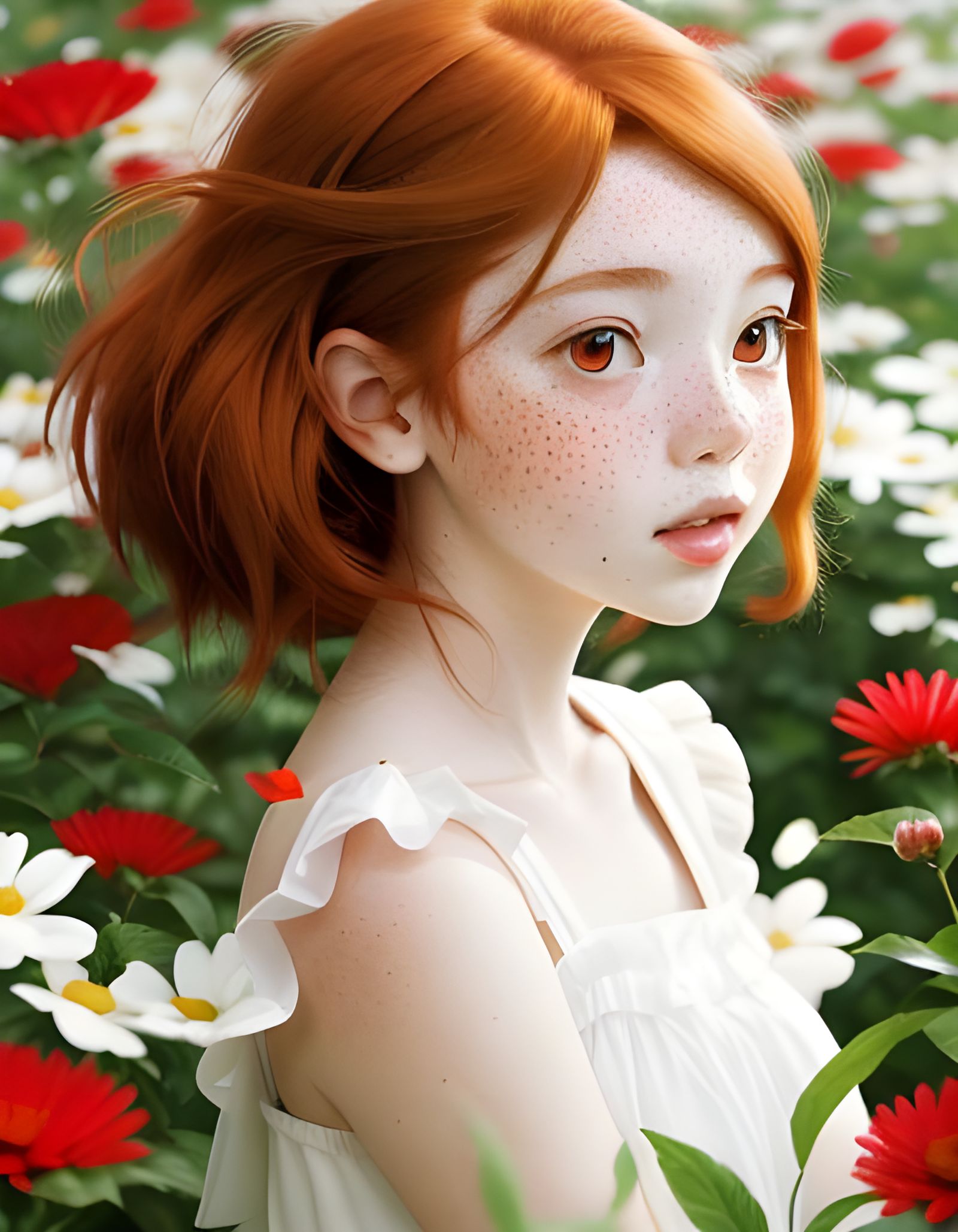 Auburn-Haired Girl Picking Flowers in Anime Style