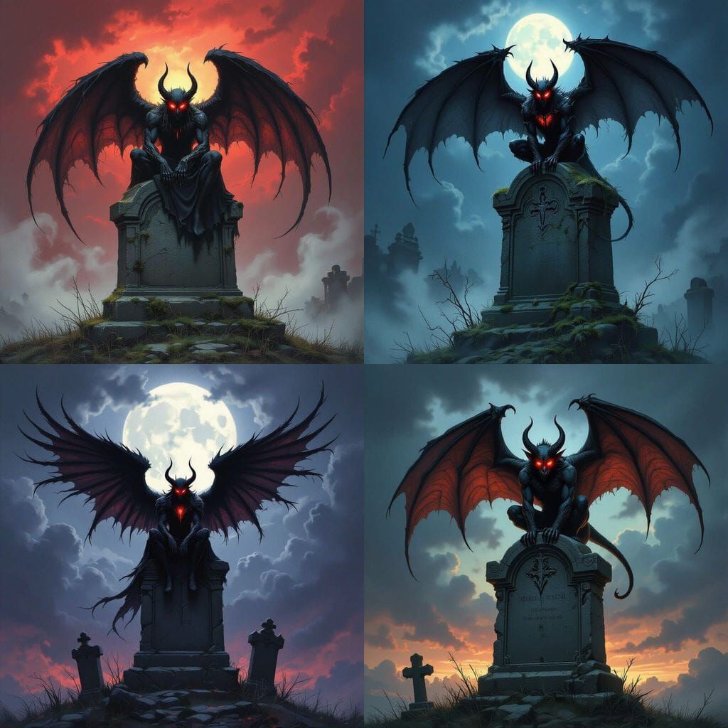 Winged Demon Perched on a Tombstone