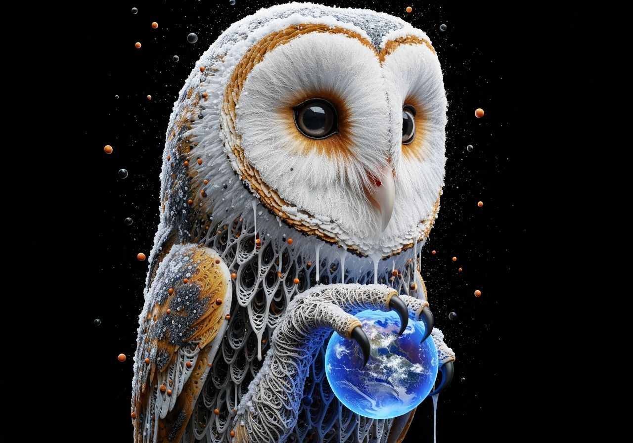 Intricate 3D Render of an Owl with Glowing Orb