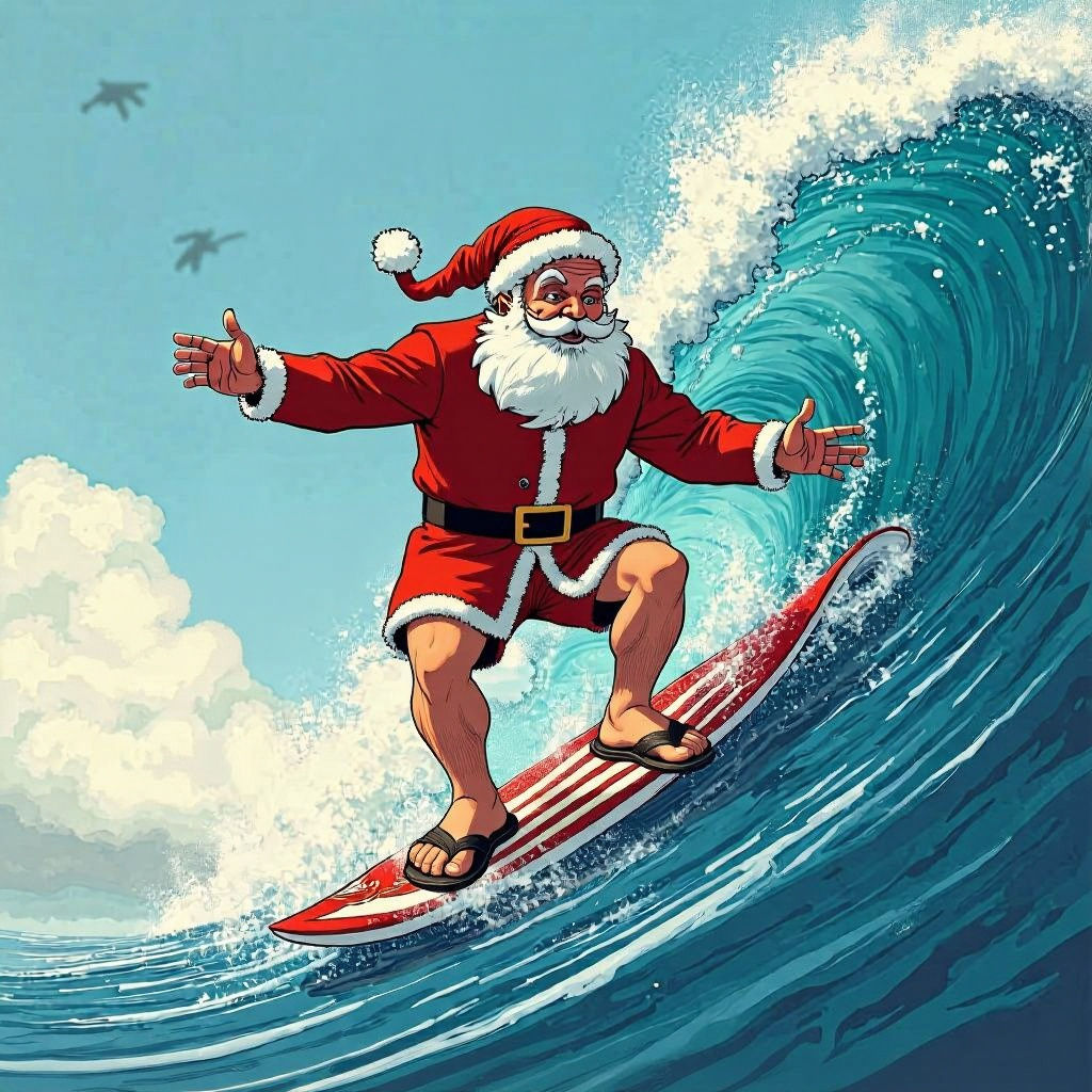 Santa Surfing Wave in Comic Book Style