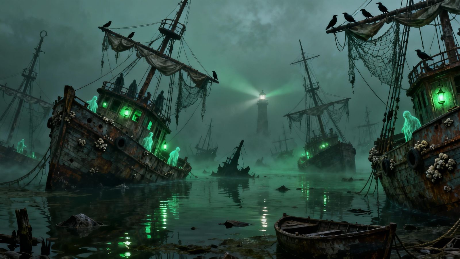 Ghostly Galleons in Foggy Maritime Graveyard