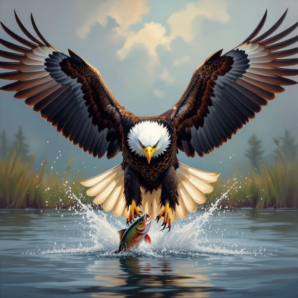 Bald Eagle Swoops for Fish in Dramatic Oil Painting