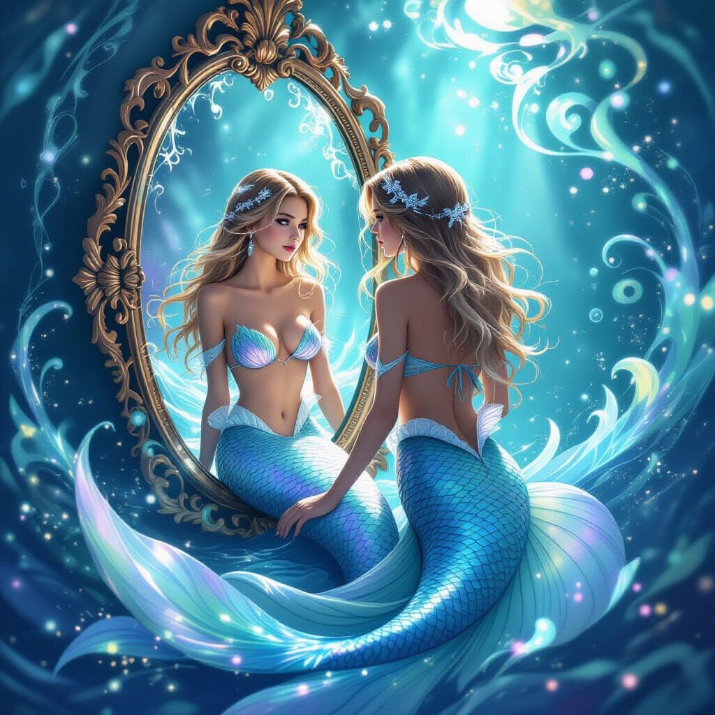 Mystical Mermaid Gazing into Mirror Portal