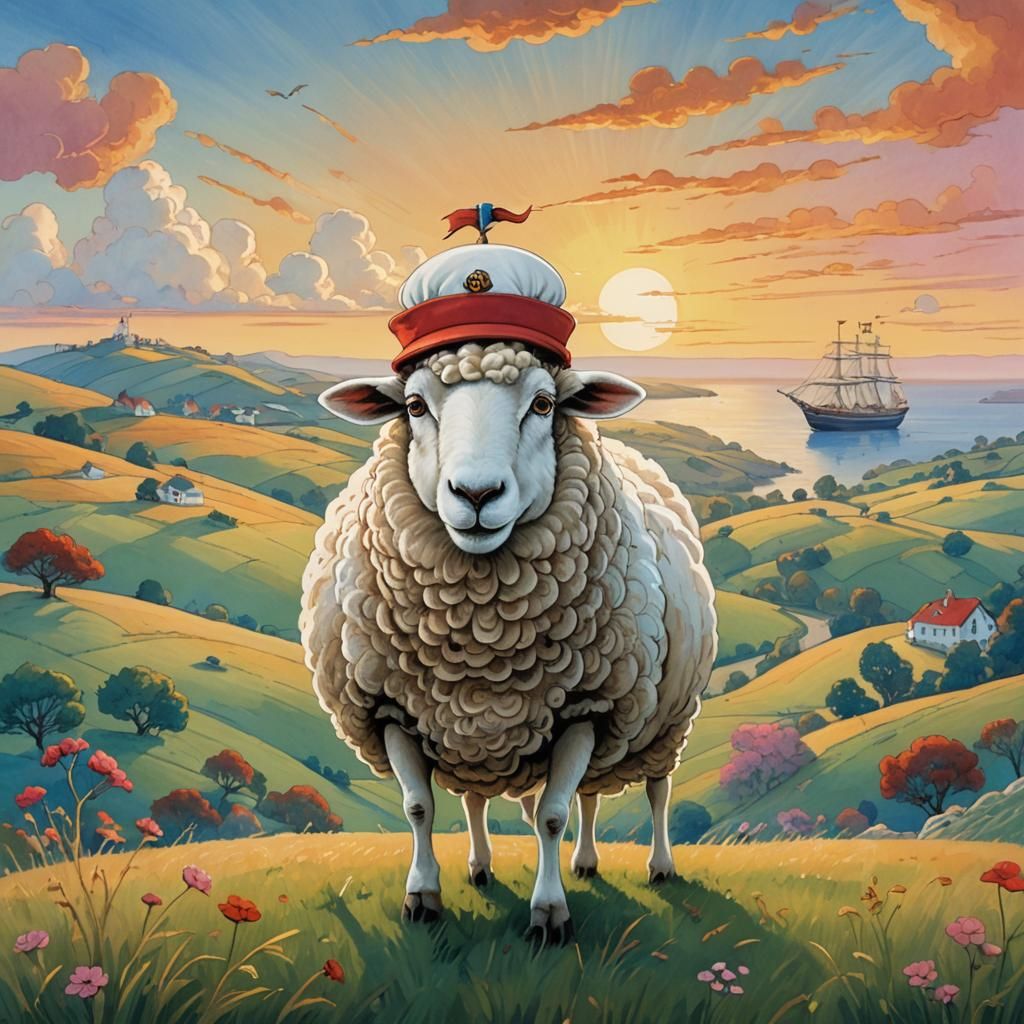 Sheep with Red Hat at Sunset, Whimsical Illustration