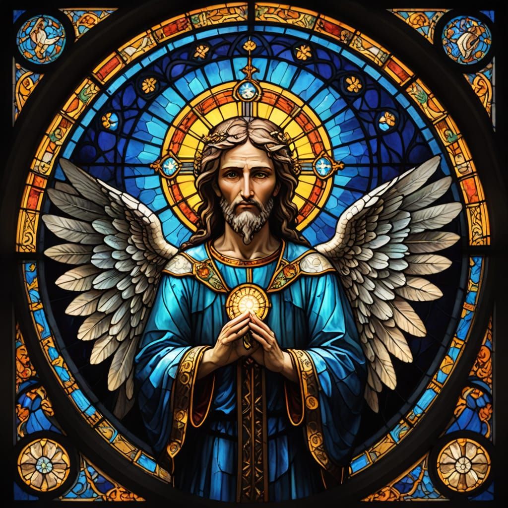 Cyberpunk Glass Angel with Neon Eyes and Stained Glass Wings