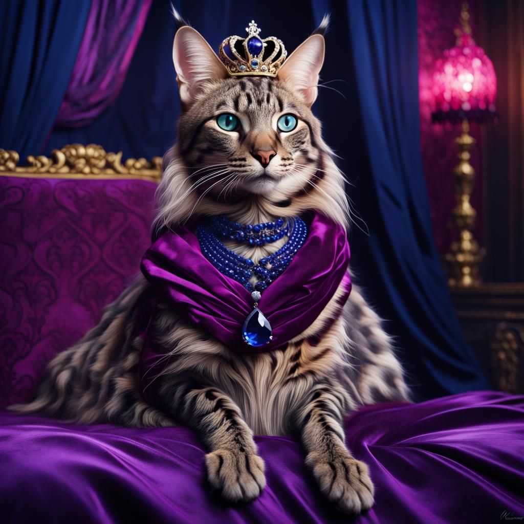 Marbled Savannah Cat in Velvet Robe and Crown