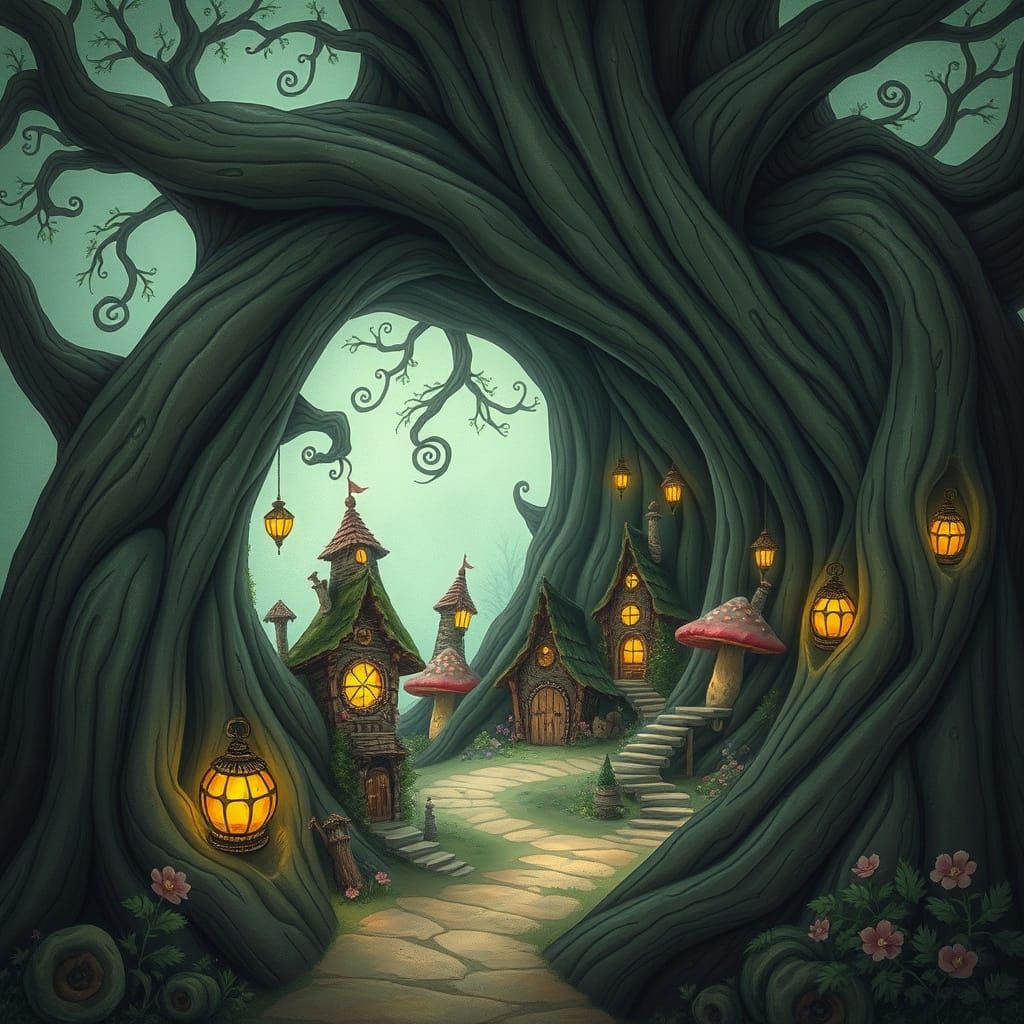 Enchanted Fairy Village in Hollow Tree, Arthur Rackham Style