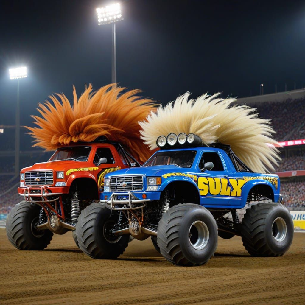 Monster Trucks with Glamorous Wigs under Stadium Lights