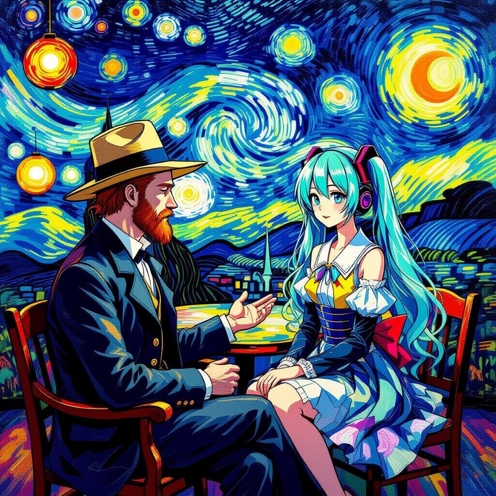 Van Gogh and Hatsune Miku Converse in Surreal Room