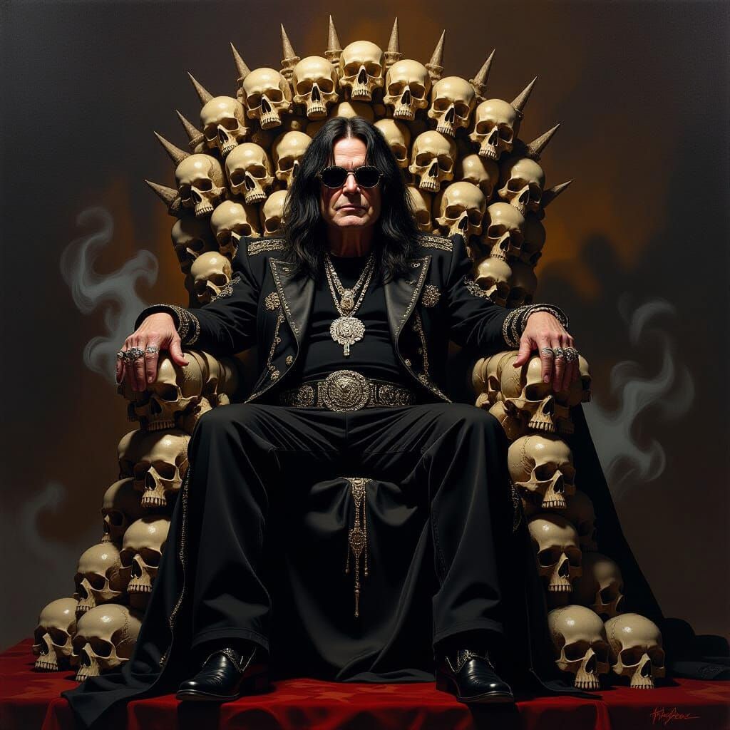 Ozzy Osbourne on Skull Throne in Baroque Oil Painting Style