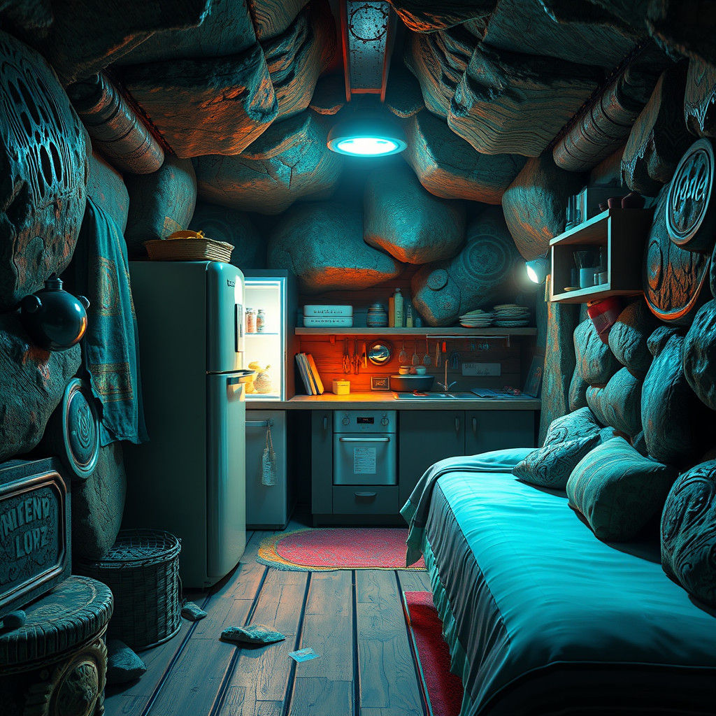 Detailed Tiny House Interior with Stone Textures