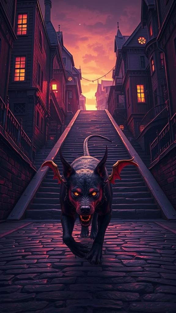 Demonic Dog Stalks Haunted Street: Dark Fantasy Art