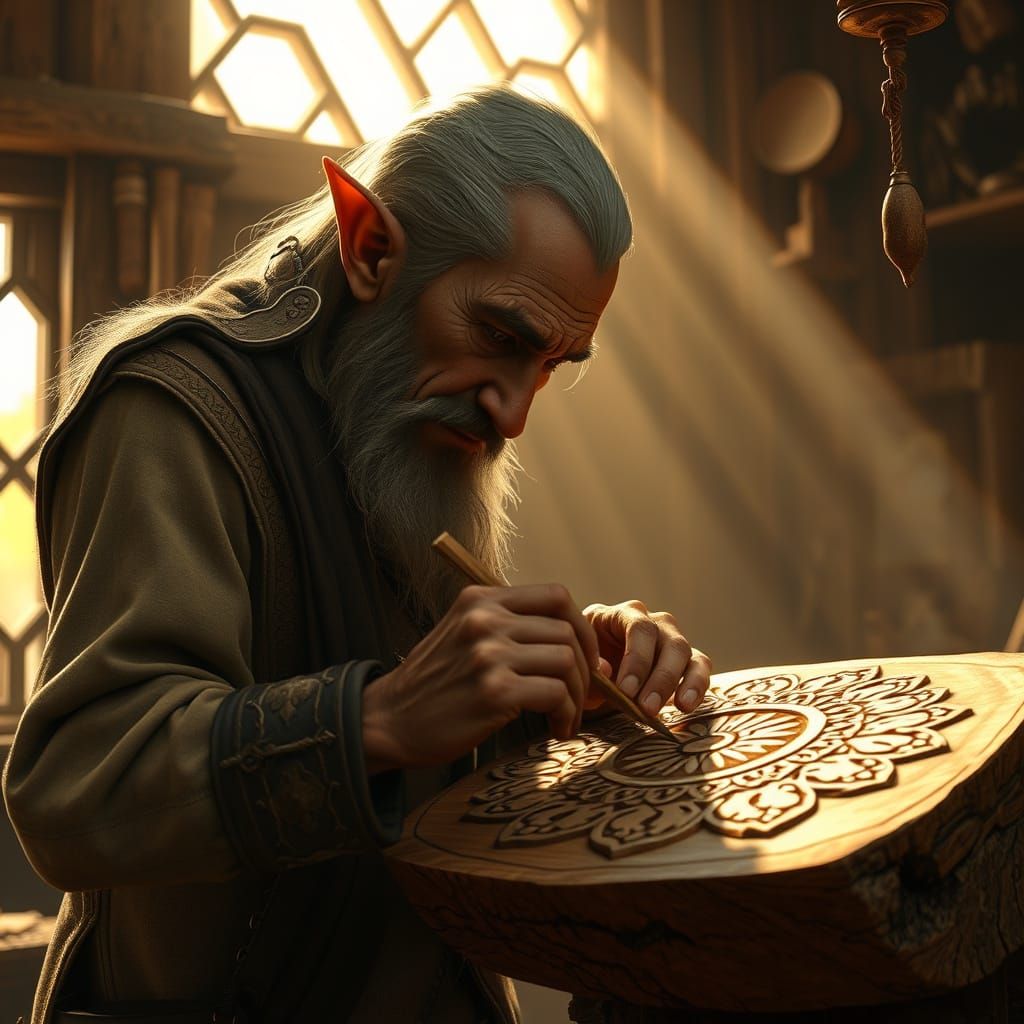 Elven Artisan Carving Wood in Hyperrealistic Style