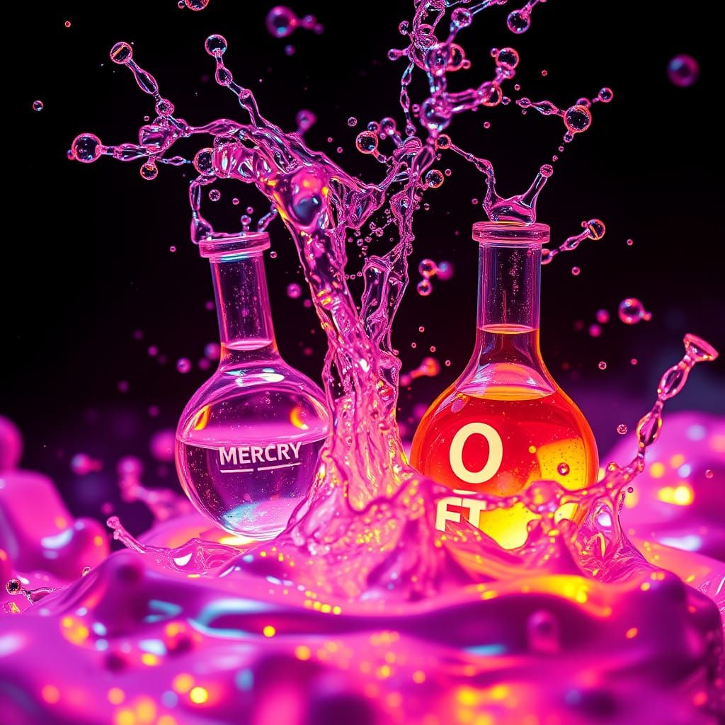Mercury and Potassium Reacting with Water in Cinematic Style