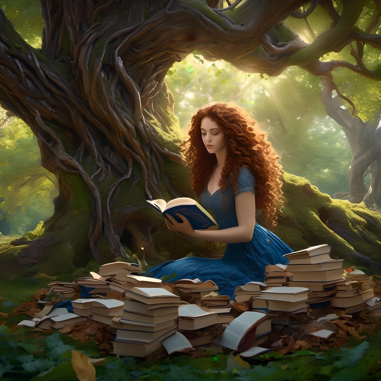 Woman Reading Under Tree in Hyper-Realism