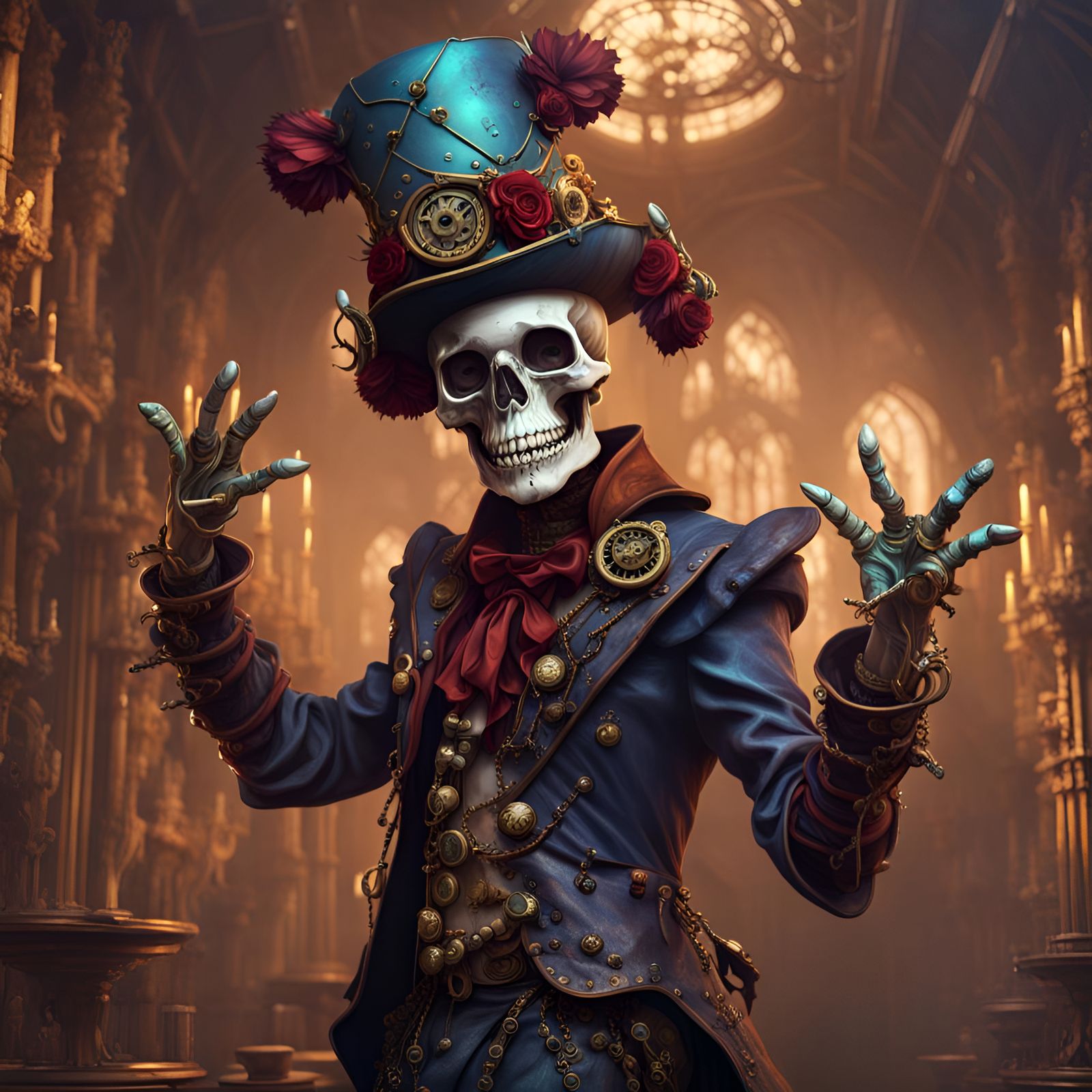 Steampunk Skull Jester Dancing: Detailed Matte Painting