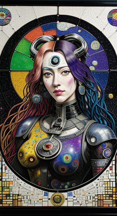 Cyborg Lady Captain in Vibrant Mosaic Style