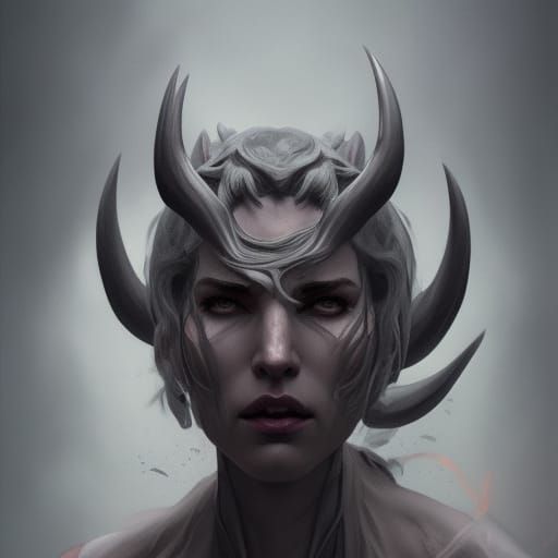 Horned Grey Demon Portrait in Hyperdetailed Style